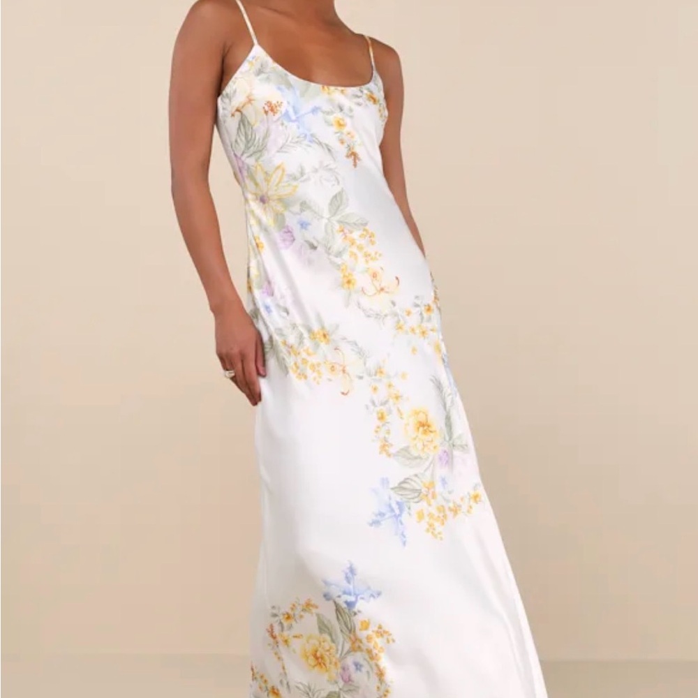 Lulu's White Floral Maxi Dress with Yellow & Lavender Accents